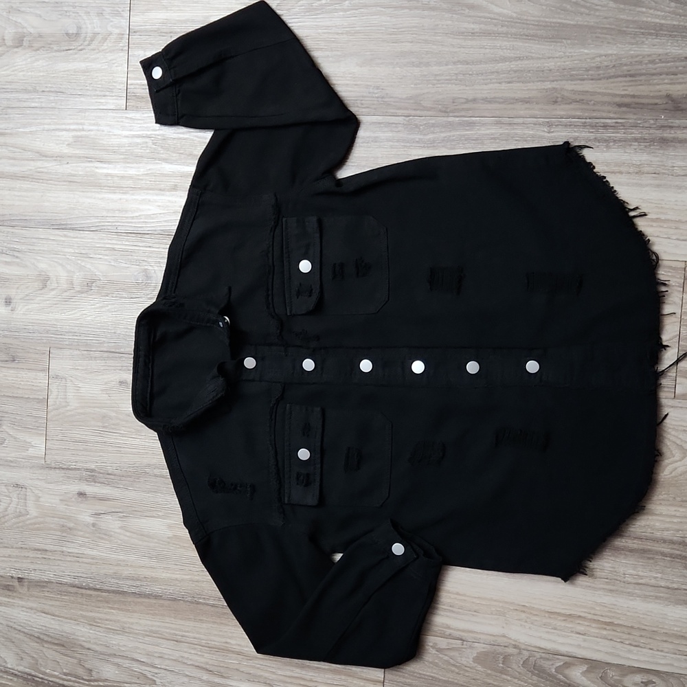 Black Distressed Denim Button Down Women's Medium Trendy Casual Jacket - Picture 4 of 16